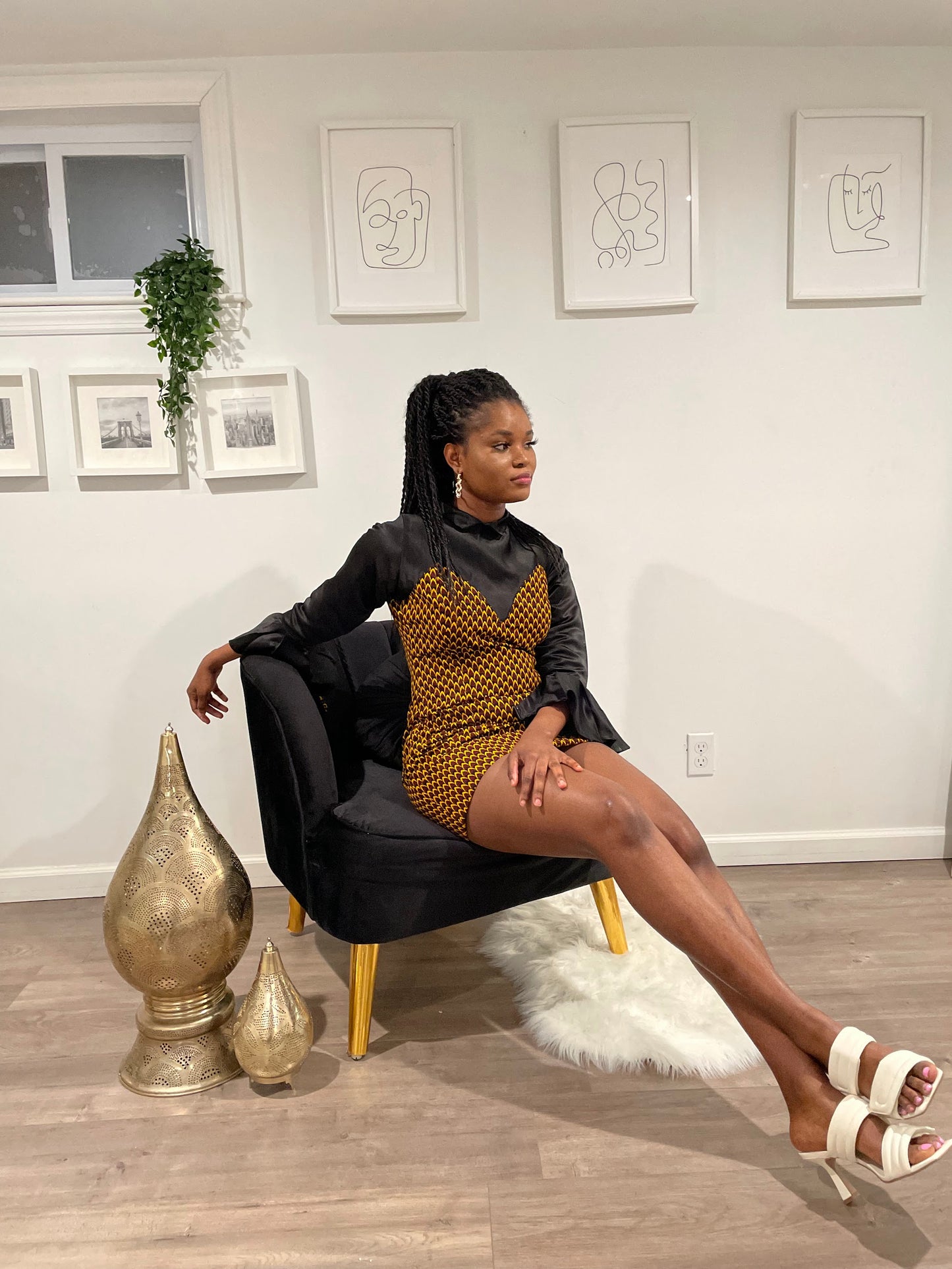 Women's Satin Ankara Mini Dress - Black & Gold