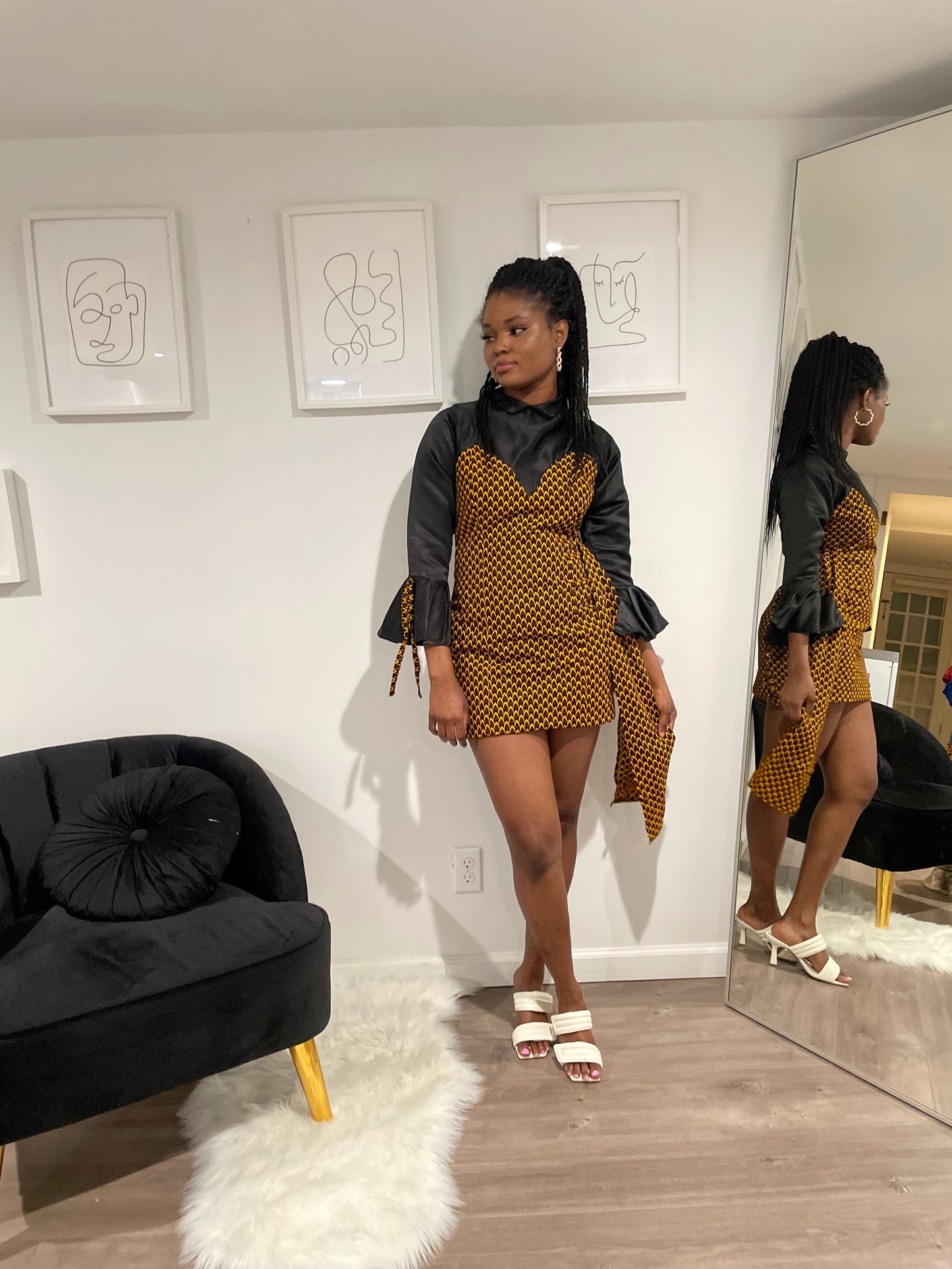 Women's Satin Ankara Mini Dress - Black & Gold