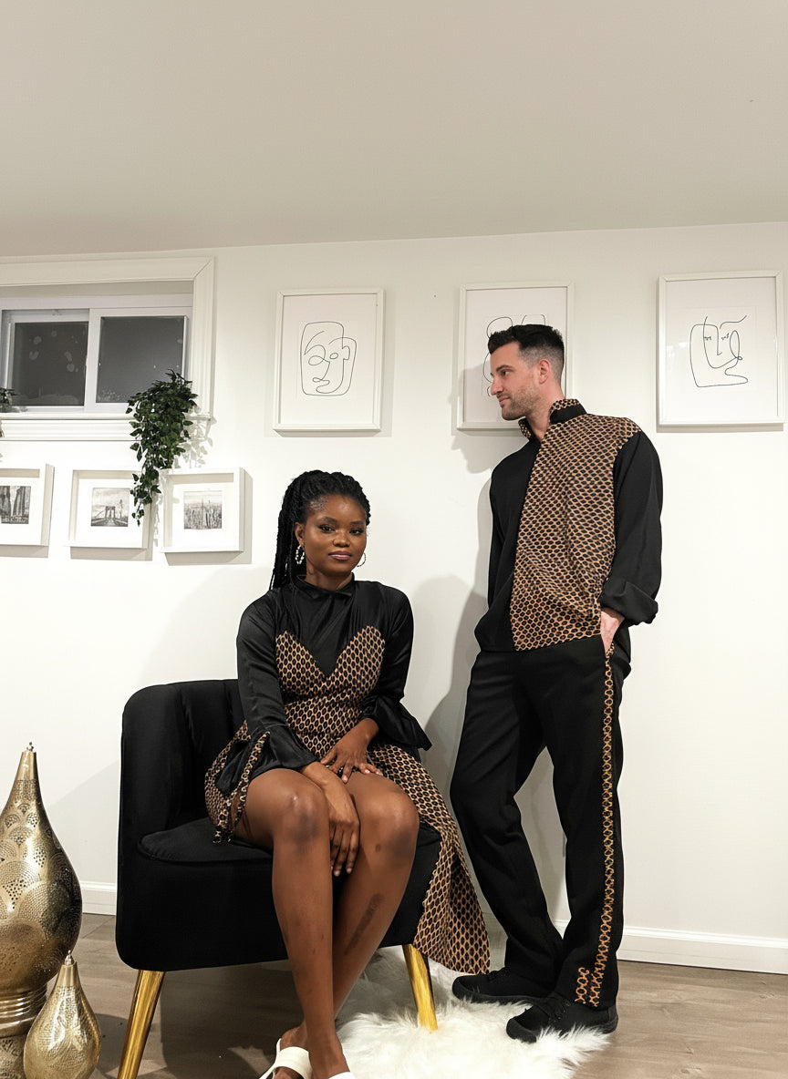 Women's Satin Ankara Mini Dress - Black & Gold