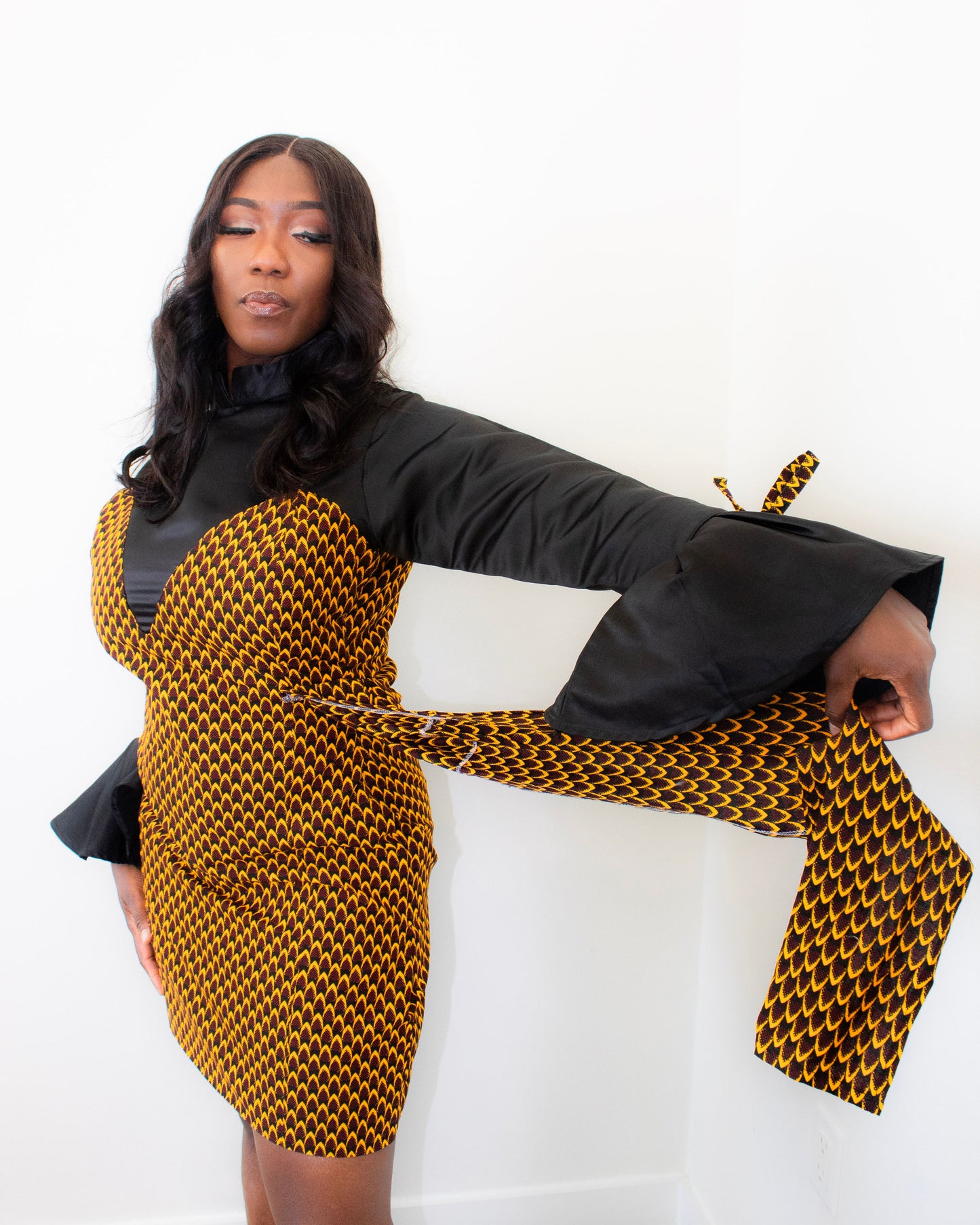 Women's Satin Ankara Mini Dress - Black & Gold