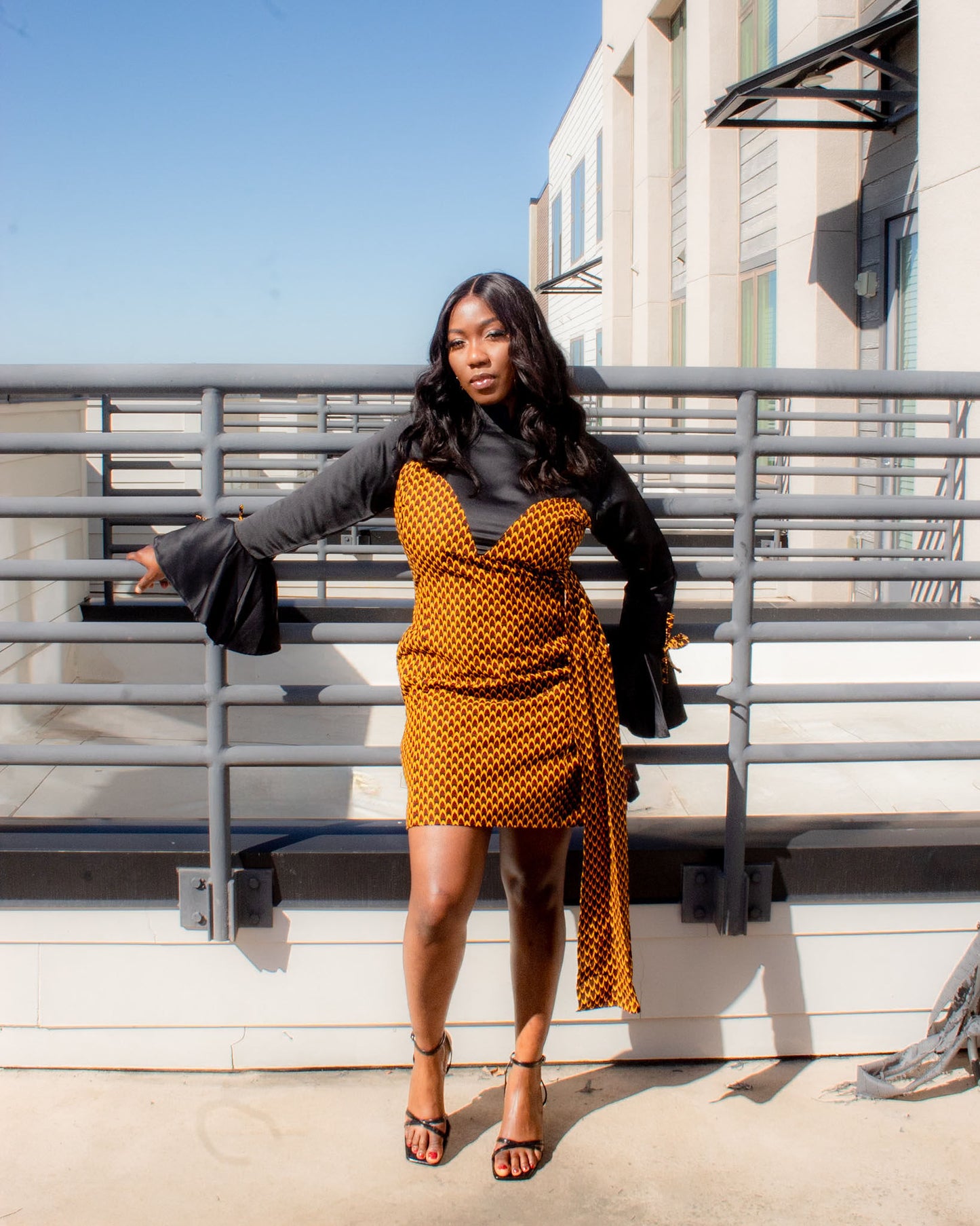 Women's Satin Ankara Mini Dress - Black & Gold