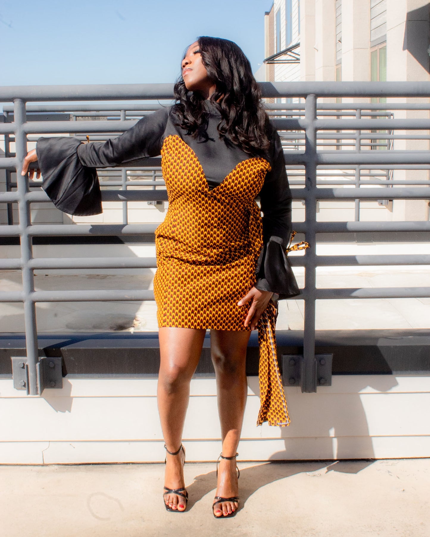 Women's Satin Ankara Mini Dress - Black & Gold